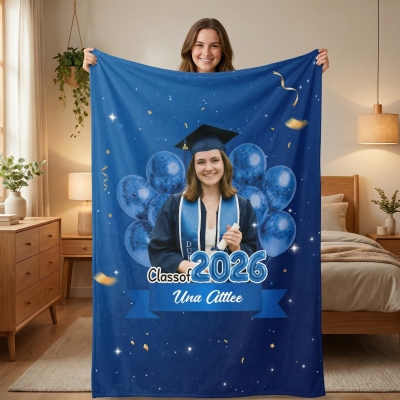 Personalized Photo & Name Congrats Graduation Balloons Design Blanket with Year, Class of 2026 Flannel/Sherpa Throw for Bed Couch, Gift for Graduates