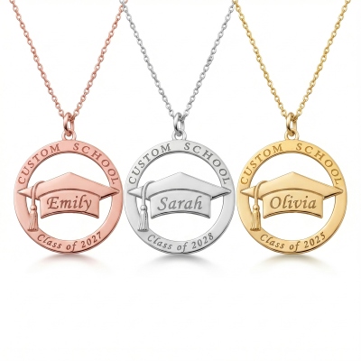 Custom Engraved Name Grad Cap Necklace with Birthstone, Minimalist School Name Commemorative Pendant, High School College Keepsake, Gift for Graduates