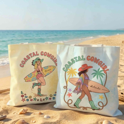 Personalized Boho Flirty Cowgirl Beach Tote Bag with Name, Large Capacity Reusable Handbag, Summer Vacation/Beach Travel Bag, Gift for Besties/Girls