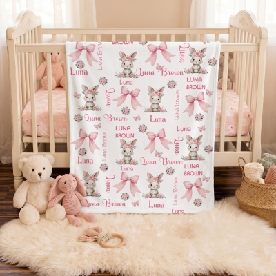 Personalized Name Floral Bow Bunny Blanket, Flannel/Sherpa Throw for Bed Couch, Nursery Decor, Easter/Baby Shower/Birthday Gift for Newborns/Girls