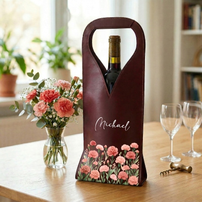Personalized Birth Flower Wine Tote with Name, PU Leather Wine Carrier Bag, Birthday/Mother's Day/Housewarming Gift for Her/Mom/Friends/Wine Lovers