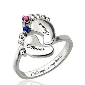 Engraved Birthstone Ring for Mom with Baby Name Platinum Plated