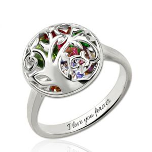 Custom Mother's Round Ring With Heart Birthstones Platinum Plated