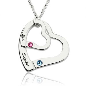 2 Open Hearts Necklace With 2 Names & Birthstones Sterling Silver