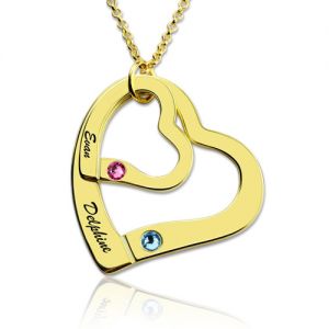 Engraved Double Hearts Necklace With Birthstones Gold Plated
