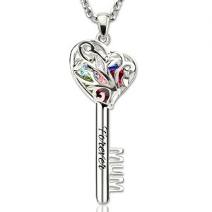 Mum Heart Cage Key Necklace With Birthstones Platinum Plated