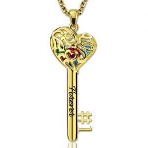 No.1 MOM Heart Cage Key Necklace With Birthstones Gold Plated