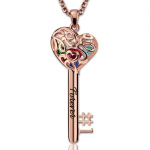 No.1 MOM Heart Cage Key Necklace With Birthstones In Rose Gold