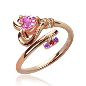 Key To Heart Ring With Birthstones In Rose Gold