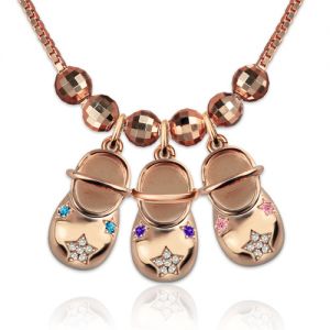Rose Gold Engraved Baby Shoe Charm Necklace with Birthstones