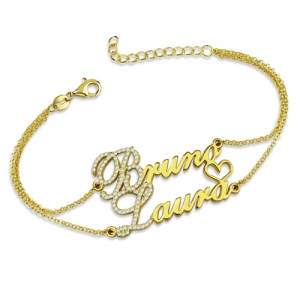Two Names With Birthstones: Double Chain Bracelet Gold Plated