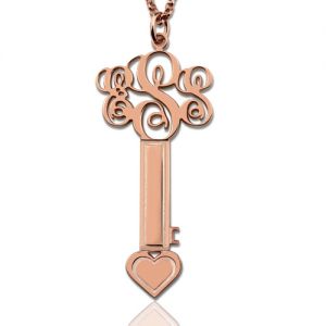 Rose Gold Key Heart Necklace with Fancy Monogram Initials