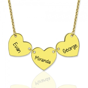 Custom Engraved 3 Hearts Name Necklace Gold Plated