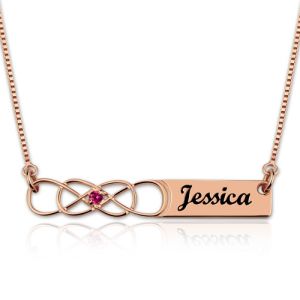 Double Infinity Bar Name Necklace with Birthstone In Rose Gold