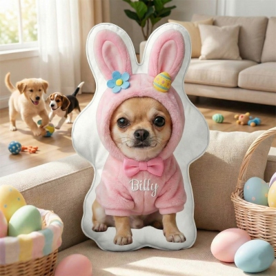 Custom Pet Photo Bunny Ears Egg Easter Pillow with Name, Cute Cat/Dog Portrait Cushion, Spring Basket Favor, Easter Gift for Pet Lovers/Owners/Family