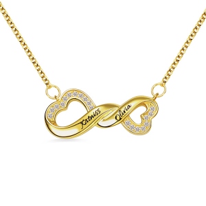 Engraved Infinity Double Heart Name Necklace for Her in Gold