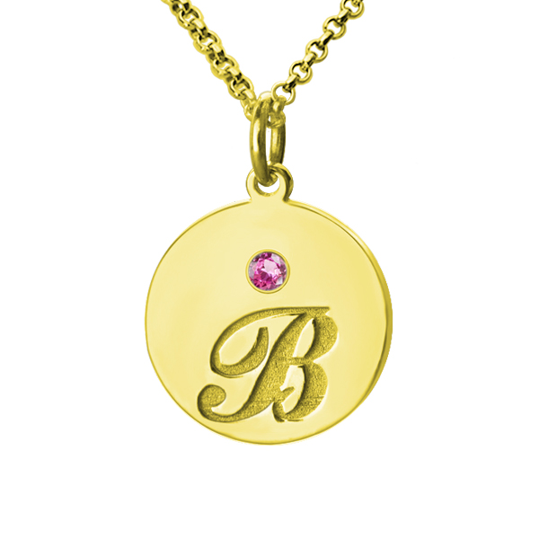 Engraved Initial & Birthstone Disc Charm Necklace 18k Gold Plated -  GetNameNecklace