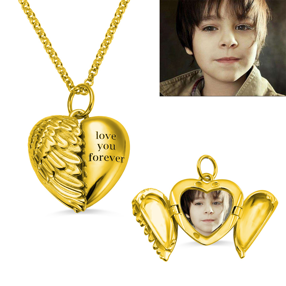 Engravable Angel Wings Heart Photo Necklace in Gold