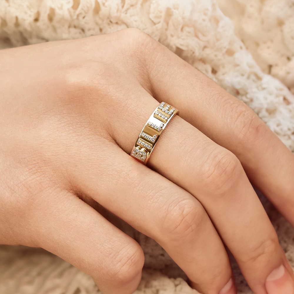 Custom 18K Gold Block Ring with Zirconia, Sterling Silver 925 Jewelry