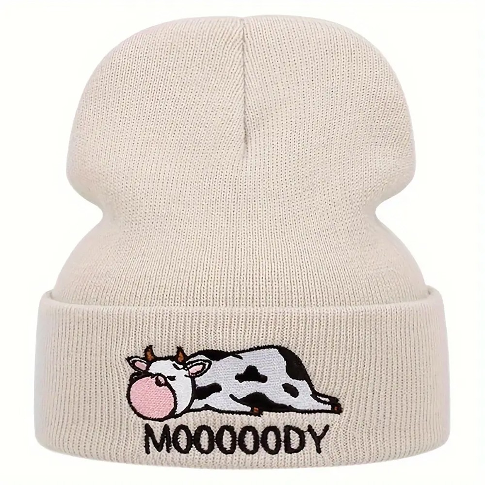 Cute Cow Embroidery Graphic Beanie Solid Color Elastic Skull Cap Lightweight Knitted Cap Cuff Beanie Hat Women Daily Use