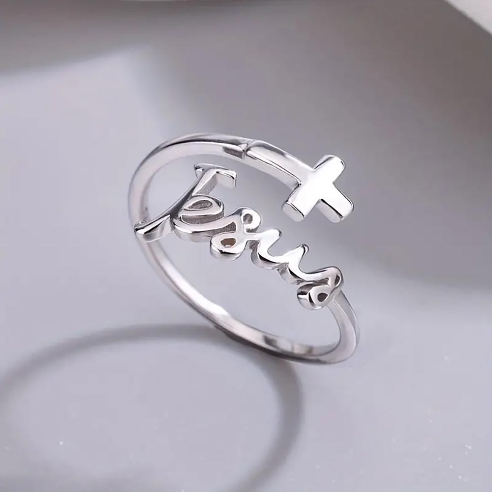 925 Sterling Silver Ring Fashionable Cross with 'Jesus' Design Adjustable Wrap Ring Matches Everyday Clothing Suitable for Men and Women