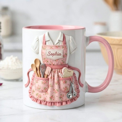 Personlig 3D-blommig matlagningsmugg med namn, keramisk kockdekoration, kaffemugg med varm choklad och realistiska tillbehör, mors dag-present till bakning, mamma