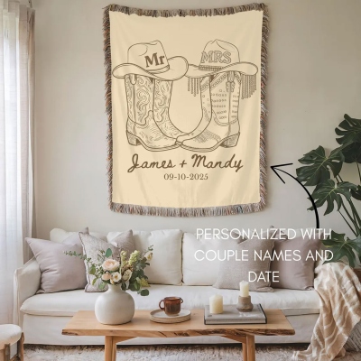 Personalized Names Western Theme Wedding Blanket with Tassels, Mr & Mrs Cowboy Boots Bed Couch Throw, Anniversary/Wedding Gift for Brides/Newlyweds