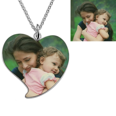 Engraved Heart Mom & Daughter Photo Necklace in Sterling Silver