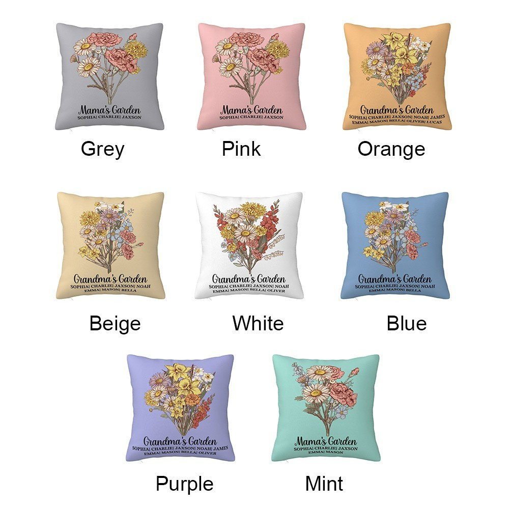 Personalisiertes Omas Gartenkissen mit Namen, individueller Vintage-Kissenbezug mit Geburtsblumen, Muttertags-/Geburtstagsgeschenk für Mama/Großmutter/Enkelkind