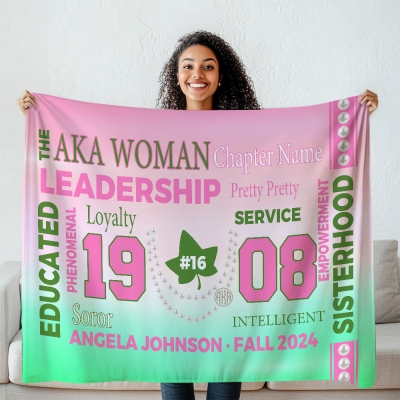 Personalized AKA Woman Pink & Green Blanket, Flannel/Sherpa Sorority Throw, Empowered Sisterhood Keepsake, Birthday/Christmas Gift for Women/Girls