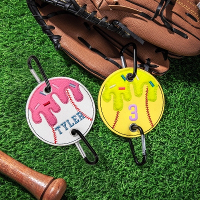 Custom Ice Cream Baseball & Softball Bag Charm, Personalized Name Embroidered Keychain, Unique Ice Cream Stick Baseball & Softball Bag Holder, Gift for Kids and Sports Lovers