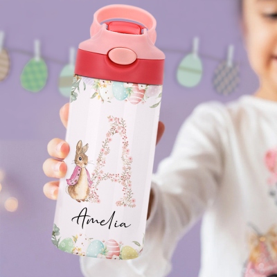 Personalized Initial Floral Peter Rabbit Water Bottle with Name, Stainless Steel 12oz Cup with Silicone Straw & Spill-Proof Lid, Easter Gift for Kids