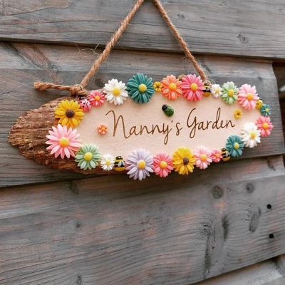 Personalised Garden Shed Floral Engraved Hanging Wooden Log Sign with Customised Decor 17-21cm Wide, Hung with Twine