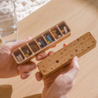 Cute Pill Box, Small Pill Organizer for Purse, Wooden 7-Day Divided Pill Case, Vitamin And Medication Storage, Birth Control Holder