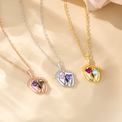 Personalized Double Heart Birthstone Baby Feet Necklace, Dainty Sterling Silver Necklace, Family Jewelry, Birthday/Christmas Gift for Mom/Her