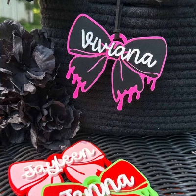 Personalized Halloween Spooky Bow Name Tag, Custom Colorful Bow Tag, Trick or Treat Basket Decor, Party Favors, Halloween Gift for Kids/Girls/Her