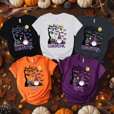 Custom Old Wizard of Halloween & Bats T-Shirt with Kids' Names, Multicolor Cotton T-Shirt, Halloween Party Outfit, Halloween Gift for Mom/Dad/Family