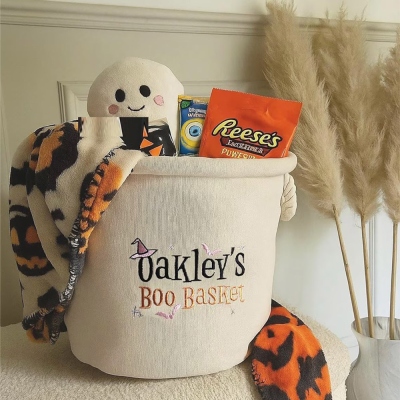 Custom Embroidered Name Halloween Boo Candy Basket, Large Capacity Spooky Basket, Trick or Treat Candy Basket,  Halloween Gift for Kids/Boys/Girls