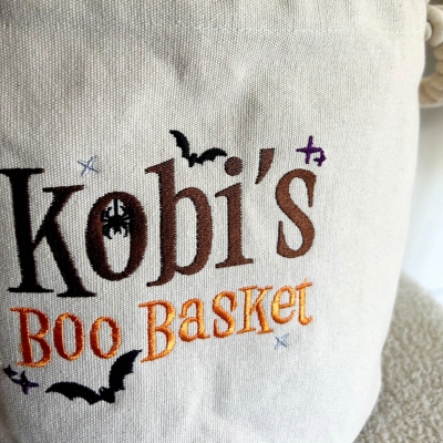 Custom Embroidered Name Halloween Boo Candy Basket, Large Capacity Spooky Basket, Trick or Treat Candy Basket,  Halloween Gift for Kids/Boys/Girls