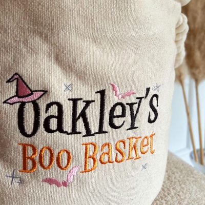Custom Embroidered Name Halloween Boo Candy Basket, Large Capacity Spooky Basket, Trick or Treat Candy Basket,  Halloween Gift for Kids/Boys/Girls