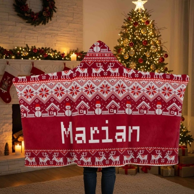 Personalized Fair Isle Style Christmas Soft Hooded Blanket with Name, Multicolor Christmas Hooded Blanket, Christmas Gift