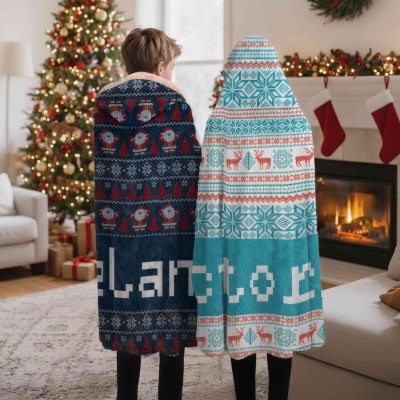 Personalized Fair Isle Style Christmas Soft Hooded Blanket with Name, Multicolor Christmas Hooded Blanket, Christmas Gift