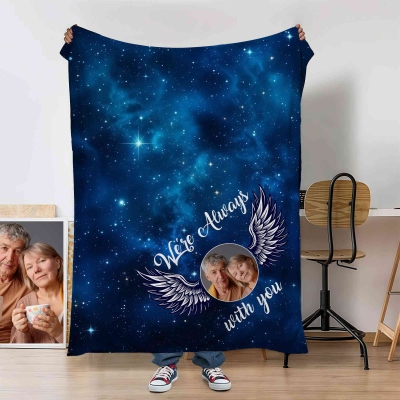 Custom Photo Starry Sky Angel Wings in Loving Memory Blanket, Flannel/Sherpa Soft Bed Couch Throw, Remembrance/Sympathy Gift for Loss of Loved One