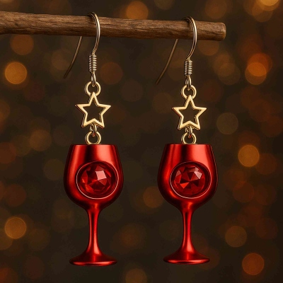 Y2K Red Wine Glass Earrings with Golden Star Charm, Bold Acrylic Retro Party Earrings, Unique Christmas Gift for Girl/Woman/Her