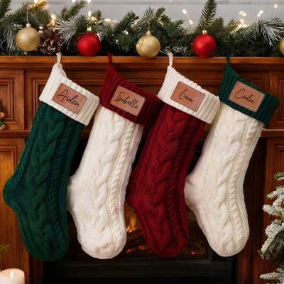 Personalized Family Name Christmas Stockings, Leather Patch Christmas Stockings, Custom Christmas Stockings with Name, Christmas Gift for Family