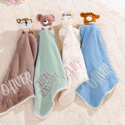 Personalized Name Embroidered Crochet Animal Baby Lovey Security Blanket, Cotton Rattle Toy Cuddle Cloth, Baby Shower/Birthday Gift for Newborns