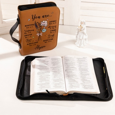 Personalized Name Birth Flower Scripture Bible Cover, Leather Book Bible Case with Handle & Zipper, Birthday/Baptism Gift for Christian Family/Friends