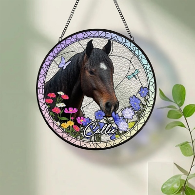 Personalized Name Horse Portrait Stained Glass Suncatcher, Custom Photo Ornament Window Hanging, Horse Loss Memorial Favor, Gift for Horse Lovers