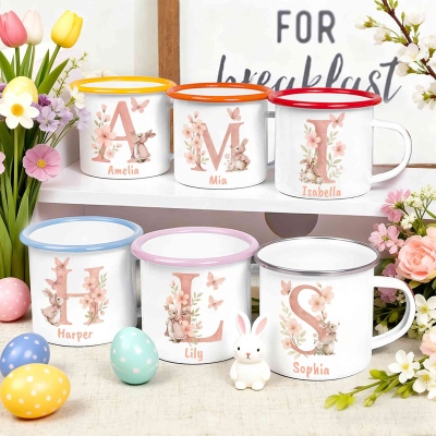 Personalized Name Watercolor Floral Bunny Alphabet Easter Enamel Mug, 12oz Cup with Handle, Tin Camping Mug, Easter Party Favor, Easter Gift for Kids