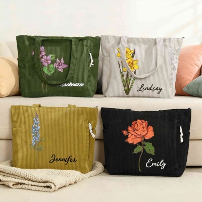 Personalized Name Birth Flower Corduroy Tote Bag, Large Capacity Zippered Commuter Handbag with Side Pockets, Birthday Gift for Her/Friends/Women